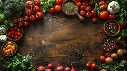 mouthwatering background with fresh ingredients and cooking utensils, frame of fresh vegetables, herbs and spices