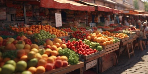  A market stall overflowing with juicy summer fruits - obrazy, fototapety, plakaty
