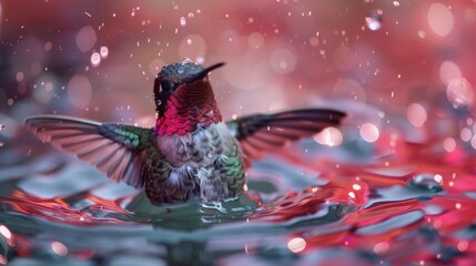 Fototapeta premium A vibrant hummingbird energetically bathes in a shallow pool of water, showcasing its colorful feathers