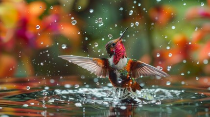 Colorful hummingbird energetically bathing in shallow pool of water