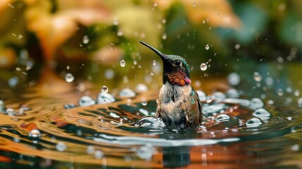 Fototapeta premium A colorful hummingbird energetically bathes in a shallow pool of water, showcasing its vibrant feathers