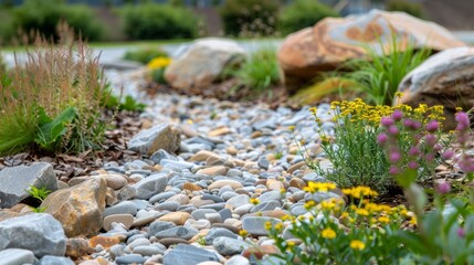 Obraz na płótnie Canvas Closeup of a garden featuring a variety of rocks and vibrant flowers carefully arranged in a rain garden setting