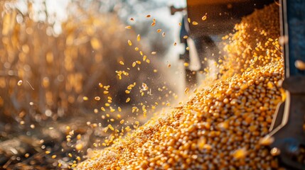 A machine is actively dumping corn seeds into a large storage bin, captured in a dynamic low-angle action shot - obrazy, fototapety, plakaty