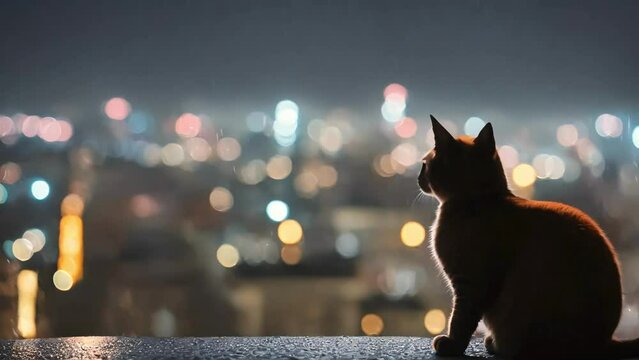 cat watching the city view, city pop, neon city, cat watching the raining, asmr, calming videos, nature videos, asmr, relaxing videos, japanese city view, cat watching raining, rainy night, rain ai

