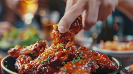 Close-up of a hand pouring sauce over a spicy Buffalo wing on a plate