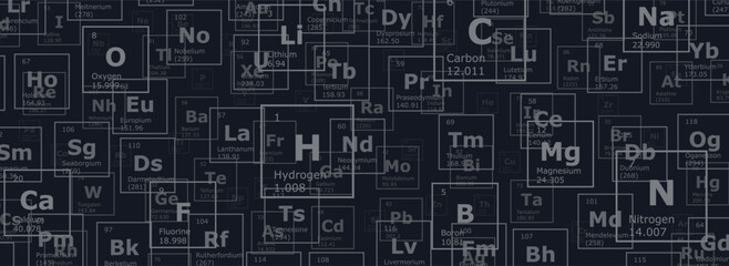Black background of the chemical elements of the periodic table, atomic number, atomic weight, name and symbol of the element