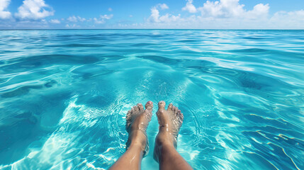 Closeup woman bare feet in the blue transparent water of sea or pool against blue cloudy sky with space for copy - Powered by Adobe