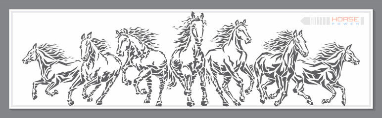 A herd of gray scale horses running towards the viewer.