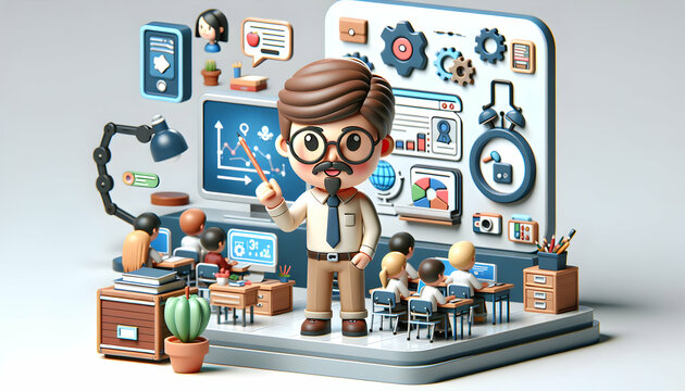 3D Icon: Classroom Innovation - A Teacher Using Modern Technology to Elevate Learning in a Candid Daily Work Environment on Isolated White Background