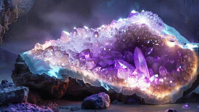 A large rock with purple crystals embedded in it 4K motion