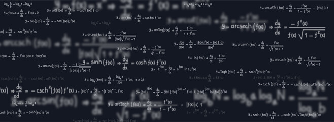 School and university notes on equations and formulas of logarithms, derivatives, trigonometric, logarithmic, hyperbolic and inverse on black background - obrazy, fototapety, plakaty