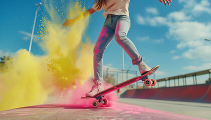 Woman jumping on a skateboard with colorful dust