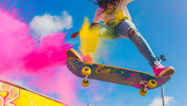 Woman on a skateboard with colorful dust - Powered by Adobe