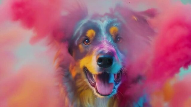 A dog with a colorful coat is smiling and looking at the camera 4K motion