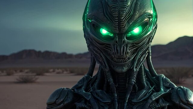 Demonic alien soldier in desert glowing green eyes