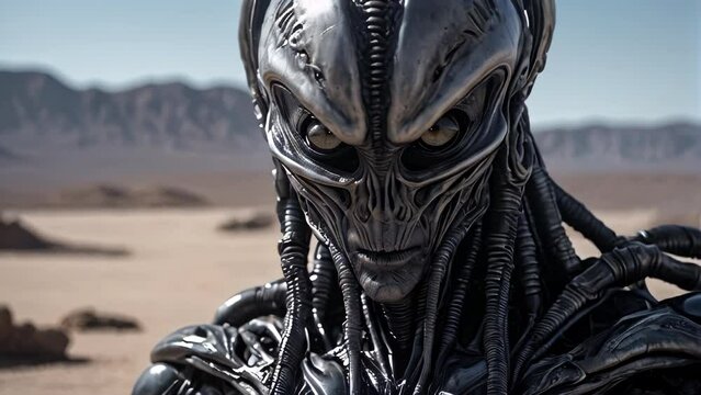 Alien soldier in desert, staring straight ahead