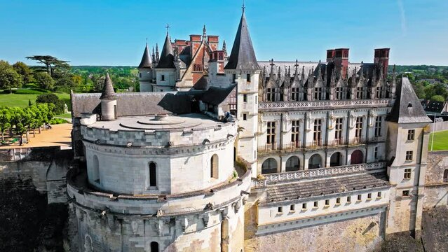 Aerial view of a former medieval fortress built on a rocky spur overlooking the River Loire and the town of Amboise. Gothic and Renaissance castle The Royal Ch&acirc;teau of Amboise in France. 