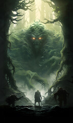 Epic fantasy artwork in the style of J.R.R. Tolkien: Warriors confronting an ancient forest entity