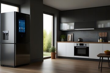 Showcase the power of the Internet of Things with a visually stunning image of a smart home filled with various connected devices and appliances AI, such as smart refrigerators, coffee makers, and ove - obrazy, fototapety, plakaty