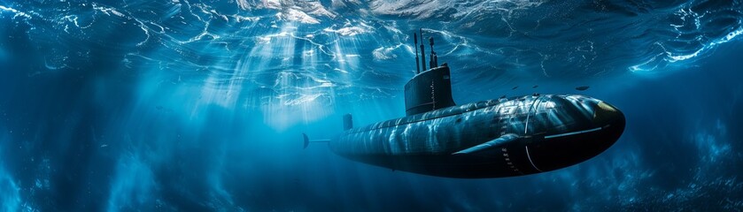 Nuclear submarine underwater. Military and defense concept photography - obrazy, fototapety, plakaty