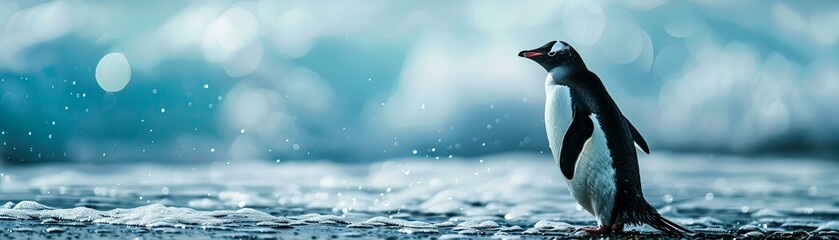 Obraz premium Penguin on an icy shore with sunlight reflecting on the ocean. Wildlife and conservation concept