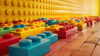 Fototapeta premium Lego background, lego wall with texture, multi-color wall, modern lego backdrop 