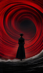 Elegant silhouette against a swirling red vortex: Mystery and surreal art combined