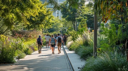 Fototapeta na wymiar A group of individuals walking on the sidewalk, outdoors, in an urban setting