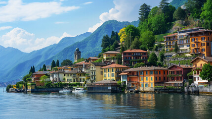 Fototapeta na wymiar Tranquil lakeside town with colorful houses and lush green mountains. Wallpaper background. Generative AI