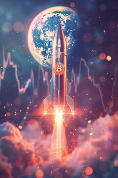 A Bitcoin-branded rocket blasting off from a stock chart base, heading towards a stylized moon