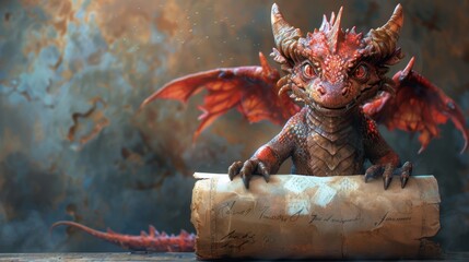 The red dragon is holding an old paper scroll - digital illustration