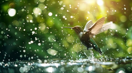 Fototapeta premium A hummingbird hovers above a pool of water, its wings a blur of motion as it bathes