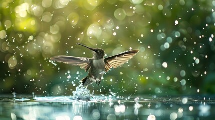 Fototapeta premium A hummingbird hovers above the water, its wings a blur of motion as it takes off
