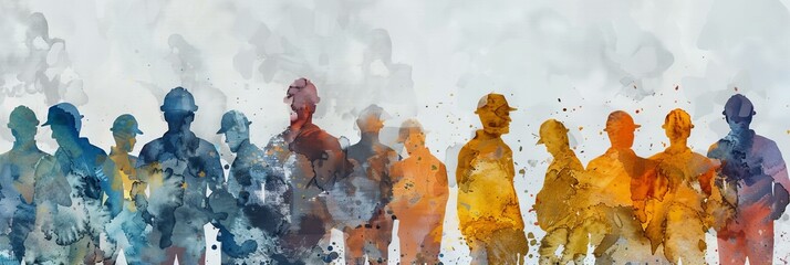 Detailed watercolor illustration of construction workers. Labor Day concept - obrazy, fototapety, plakaty