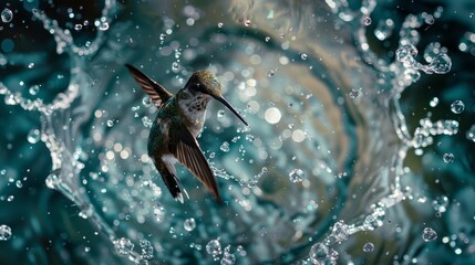 Fototapeta premium A hummingbird in flight over a body of water, with water splashing as it bathes in a shallow basin