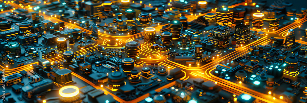 Poster advanced digital circuit and electronics, blue engineering and computing concept, futuristic network