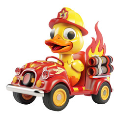 Obraz premium A toy fire truck with a duck driving it. The duck is brightly colored and looks determined as it operates the miniature vehicle. The fire truck is detailed and realistic, with flashing lights and