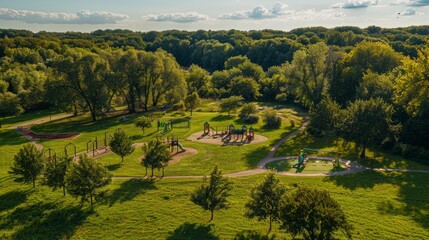 A drone captures the expansive park below, highlighting a play area with swings, slides, and benches amidst lush greenery