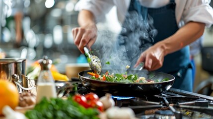 Side view of a person concentrating while cooking food on a stove top - obrazy, fototapety, plakaty