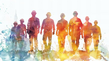 Conceptual watercolor artwork of construction workers on site. Labor Day concept
