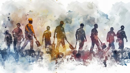 Conceptual watercolor artwork of construction workers on site. Labor Day concept