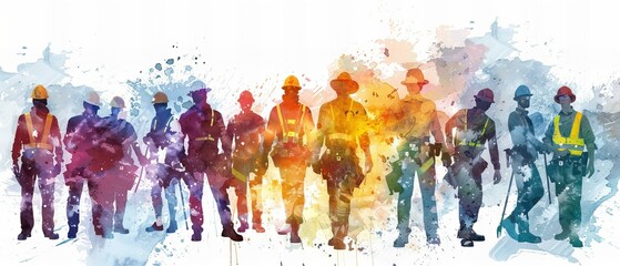 Conceptual watercolor artwork of construction workers on site. Labor Day concept