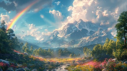 A magical rainbow land with a natural backdrop. Concept Art. Realistic Illustration. Video Game...