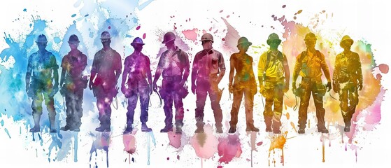 Conceptual watercolor artwork of construction workers on site. Labor Day concept