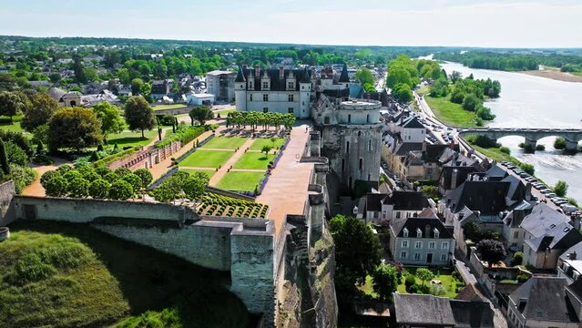Aerial view of a former medieval fortress built on a rocky spur overlooking the River Loire and the town of Amboise. Gothic and Renaissance castle The Royal Château of Amboise in France. 