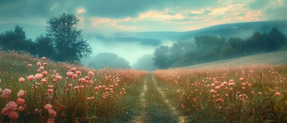 In a summer dreamlike scene, a rose flower field and a misty path lead to a fairytale glade. A road is crossed by hills, with an empty copy space. Toned in pastel colors.