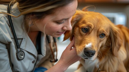 Veterinary professional comforting a ginger dog during a check-up.