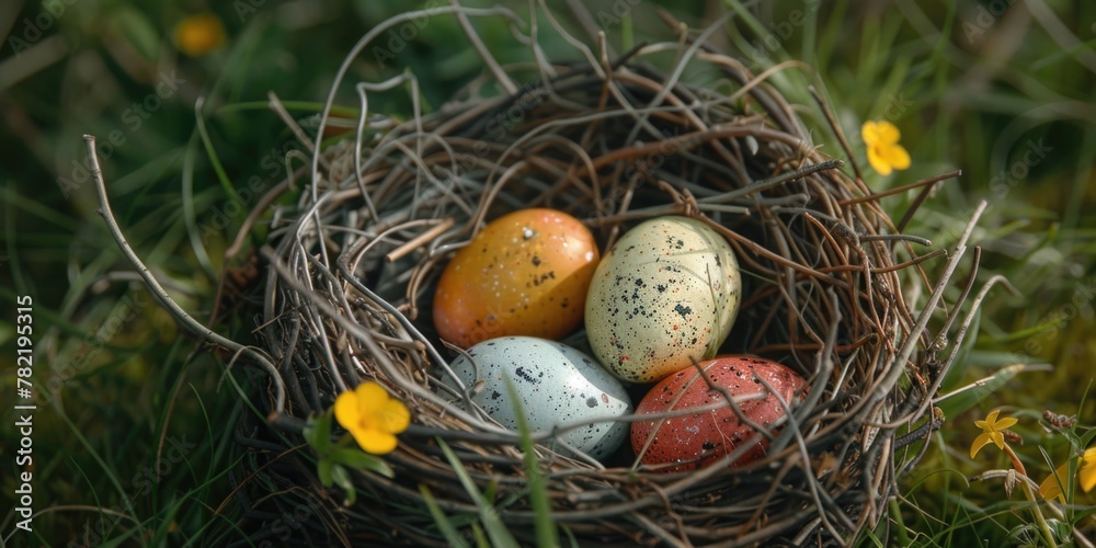 Poster a nest filled with three different colored eggs, perfect for easter or nature themes