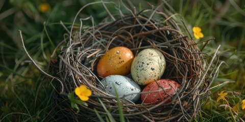 A nest filled with three different colored eggs, perfect for Easter or nature themes