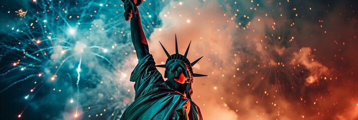 Fireworks display behind the Statue of Liberty. Independence Day celebration - obrazy, fototapety, plakaty